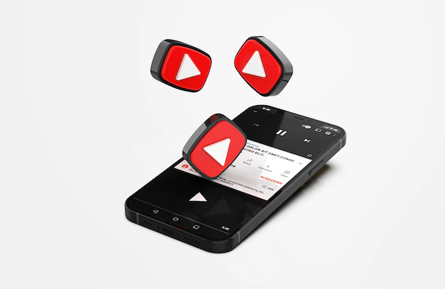 Free PSD | Youtube on mobile phone mockup with 3d icons