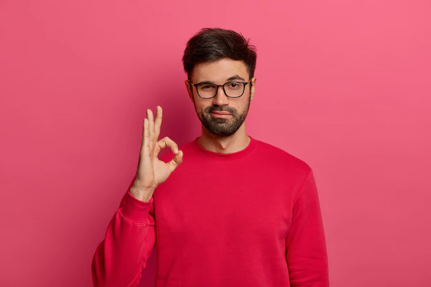 Free Photo | No problem concept. bearded man makes okay gesture, has everything under control, all fine gesture, wears spectacles and jumper, poses against pink wall, says i got this, guarantees something