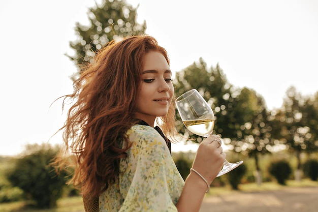 Free Photo | Tender girl with ginger long hair and lovely freckles in fashionable summer green clothes looking down and holding glass with wine outdoor