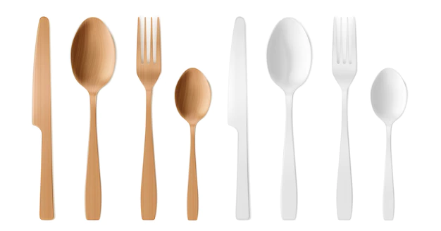 Free Vector | 3d cutlery of wood and plastic, disposable fork, spoon and knife.