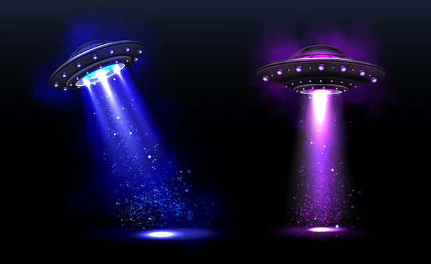 Free Vector | 3d ufo, vector alien space ships with blue and purple light beams with sparkles. saucers with illumination and bright ray for human abduction, unidentified flying objects realistic vector illustration