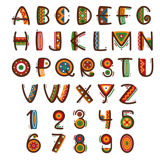 Free Vector | African ethnic primitive font. hand drawn brightly safari alphabet.
