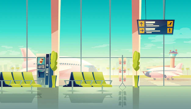 Free Vector | Airport waiting hall - big windows, seats and airplanes on the airfield. travel concept.