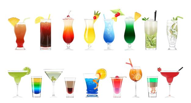 Free Vector | Alcohol cocktails set on white background colorful drinks with fruits and decorations