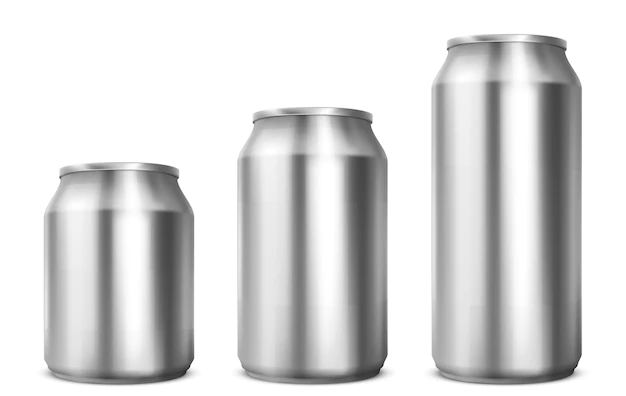 Free Vector | Aluminium cans different sizes for soda or beer isolated on white background. vector realistic mockup of metal tin cans for drink front view. 3d template of blank silver package for cold beverage