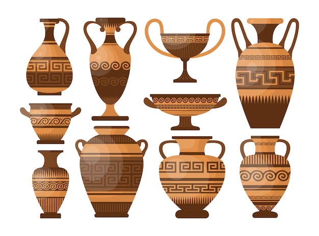 Free Vector | Ancient greek pottery and vases cartoon illustration set. amphora, jars, jugs and pots with patterns, ornament and decorations for oil and liquids. grecian earthenware concept