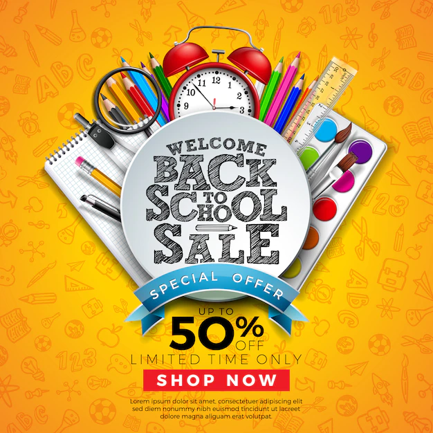 Free Vector | Back to school sale banner with colorful pencil and other learning items on hand drawn doodles