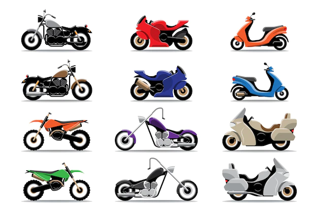 Free Vector | Big isolated motorcycle colorful clipart set, flat illustrations of various type motorcycles.
