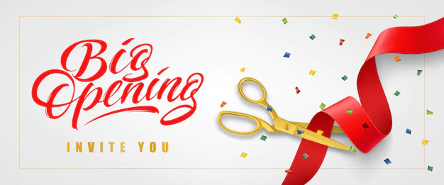 Free Vector | Big opening, invite you festive banner in frame with confetti and gold scissors