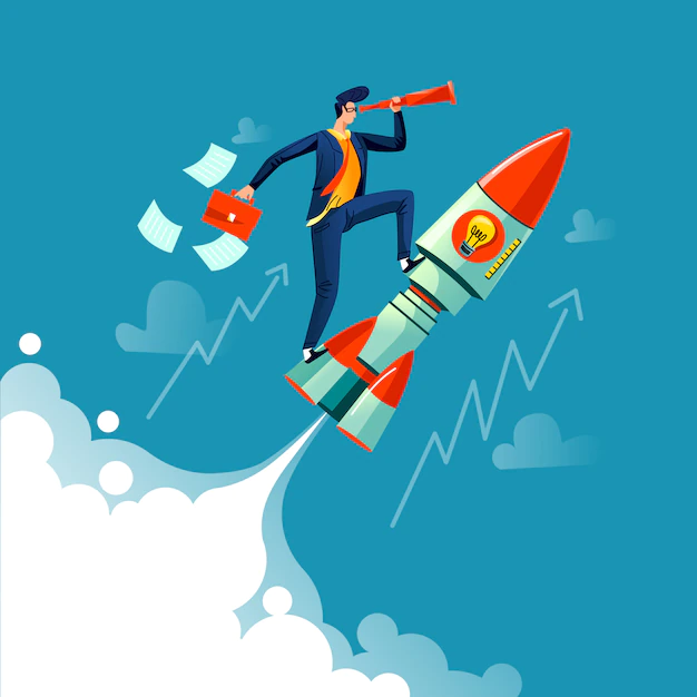 Free Vector | Businessman flying on rocket business concept