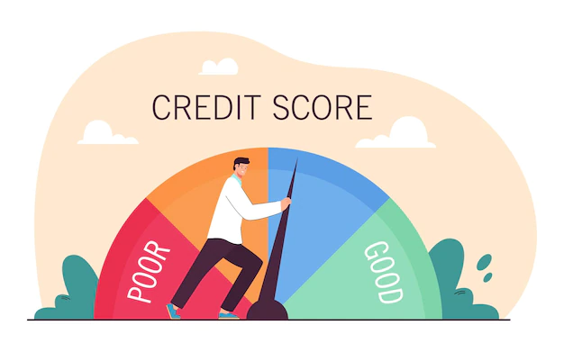 Free Vector | Businessman pushing credit score speedometer from poor to good. tiny person improving personal credit history with efforts flat vector illustration. business reputation of customer, loan concept