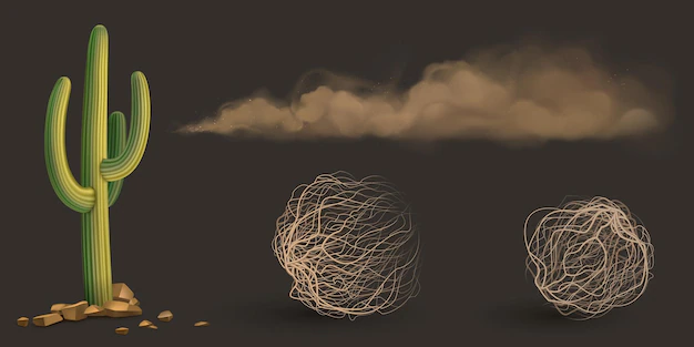 Free Vector | Cactus brown dust clouds and tumbleweed dry weed balls