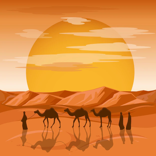 Free Vector | Caravan in desert background. arab people and camels silhouettes in sands. caravan with camel, camelcade silhouette travel to sand desert illustration