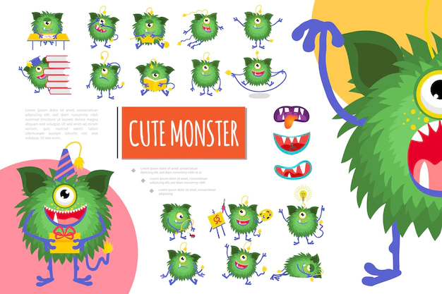 Free Vector | Cartoon cute green monster composition with joyful fluffy creature showing different emotions in various situations  illustration
