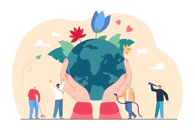 Free Vector | Cartoon people gardening and huge hands protecting world. person watering plants, save planet, green or eco lifestyle flat vector illustration. environment, ecology, earth day, care, nature concept