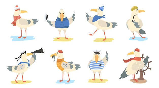 Free Vector | Cartoon seagull set. different actions of bird wearing sailor costumes and hats. flat illustration