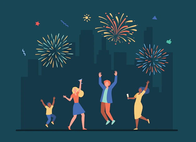 Free Vector | Cheerful people celebrating with colorful salute. cartoon illustration