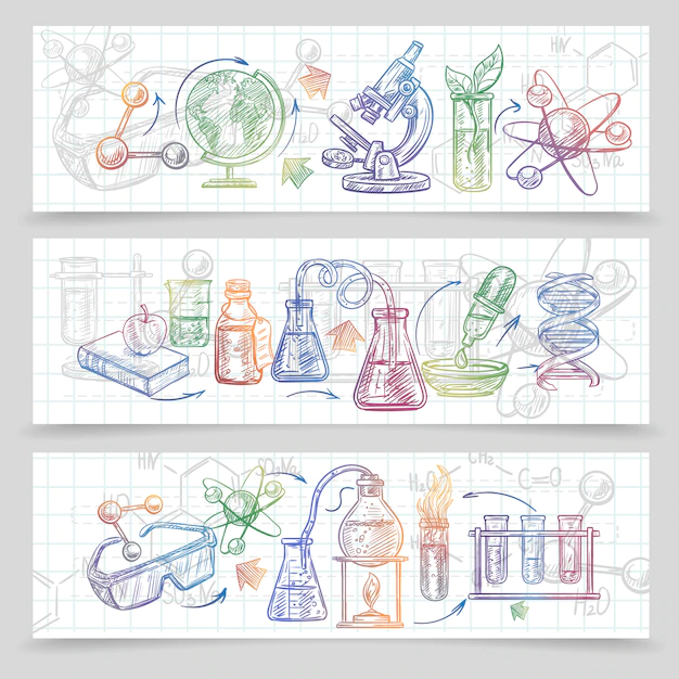 Free Vector | Chemistry horizontal sketch banners set with microscope and glasses