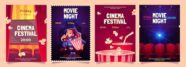 Free Vector | Cinema festival, movie night cartoon flyers set.