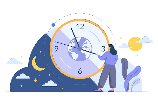 Free Vector | Circadian rhythm concept with tiny woman. human biological clock to regulate sleep wake and day night cycle. routine, morning to evening changes, planet movement around sun. body natural daily rhythms
