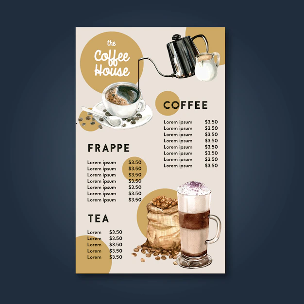 Free Vector | Coffee house menu americano, cappuccino, espresso menu, infographic, watercolor illustration