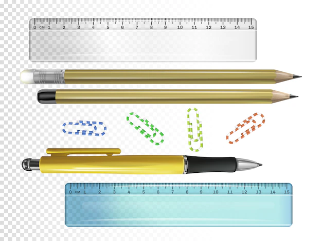 Free Vector | College stationery illustration of 3d ink pen, pencils with erasers and rulers or paper clips