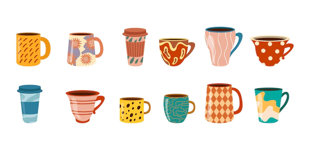 Free Vector | Colorful porcelain coffee and tea cup cartoon illustration set. ceramic mugs for matcha, different beverages and drinks with cute scandinavian patterns flat vector set. crockery, kitchen, cafe concept