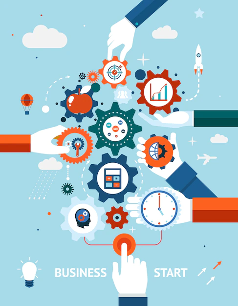 Free Vector | Conceptual  of a business and entrepreneurship business start or launch with gears and cogs with various icons