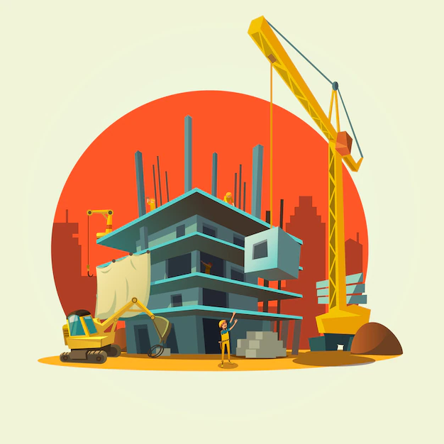 Free Vector | Construction concept with retro style concept workers and machines building house cartoon