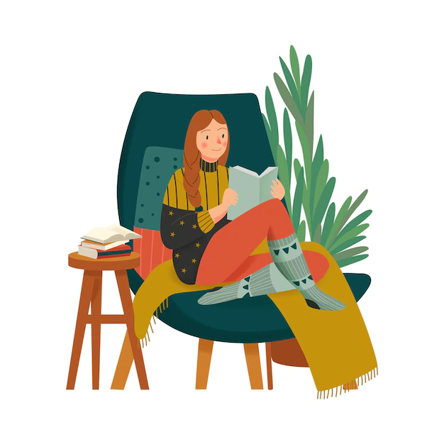 Free Vector | Cozy home composition with character of girl in warm clothes reading book in lounge chair illustration