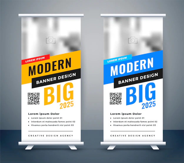 Free Vector | Creative blue and yellow rollup standee banner design
