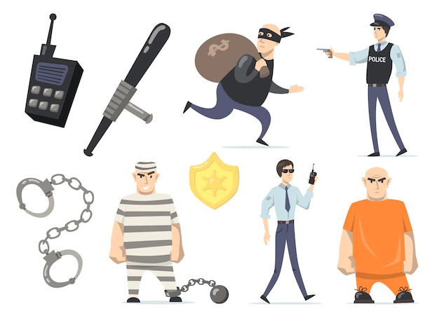 Free Vector | Criminals and police officers set. burglar with money, prisoners in orange or striped uniforms, jail security, policeman with gun. isolated vector illustrations for crime and justice