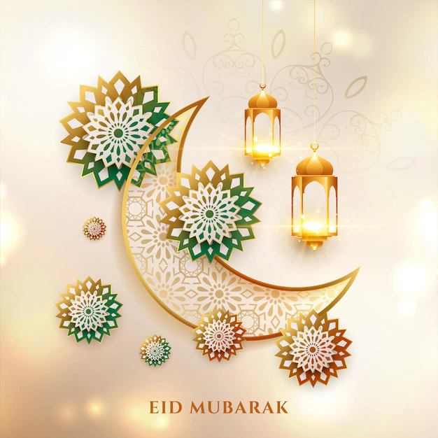 Free Vector | Cultural eid mubarak decorative moon and lantern greeting
