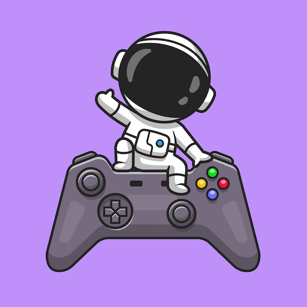 Free Vector | Cute astronaut waving hand on game controller cartoon vector icon illustration. technology science icon concept isolated premium vector. flat cartoon style