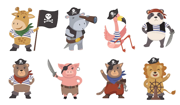 Free Vector | Cute little animal pirates flat illustration set. cartoon sailors as funny lion, flamingo, pig, cat, giraffe, panda isolated vector illustration collection. mascots and prints for children concept