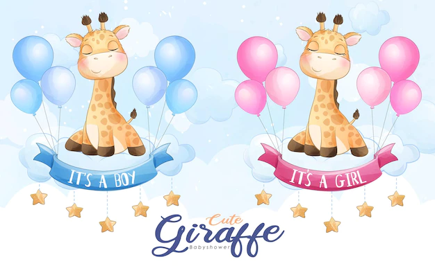 Free Vector | Cute little giraffe flying with balloon watercolor illustration