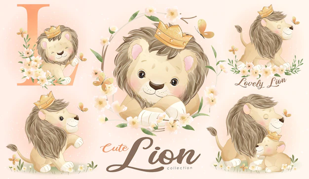 Free Vector | Cute little lion with watercolor illustration set