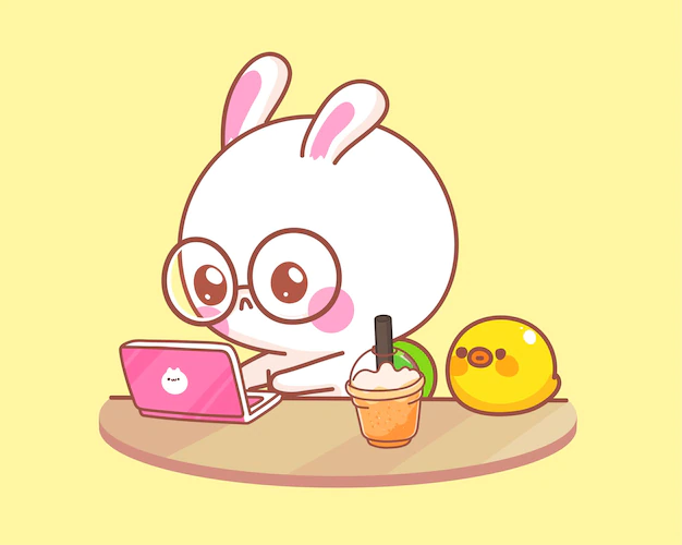 Free Vector | Cute rabbit with duck working on laptop cartoon illustration