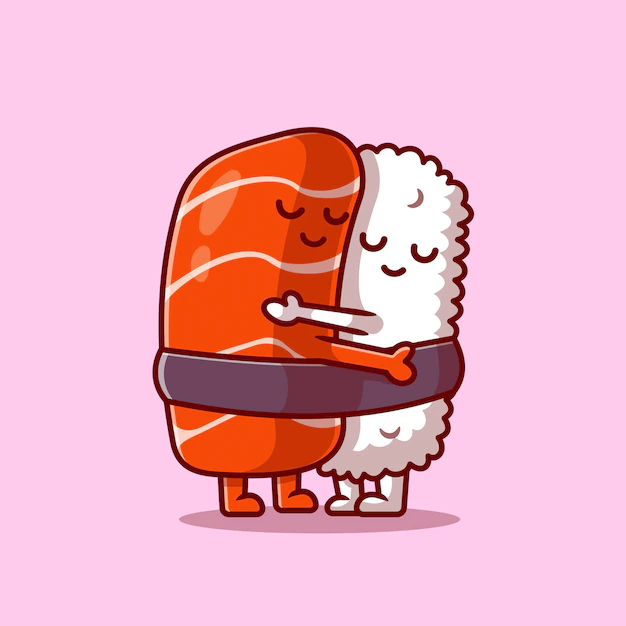 Free Vector | Cute sushi salmon couple hug cartoon icon illustration.