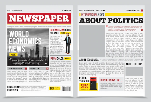 Free Vector | Daily newspaper journal design template with two-page opening editable headlines quotes text articles and images vector illustration