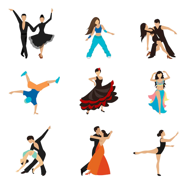 Free Vector | Dancing styles flat icons set. partner dance waltz, performer tango, woman and man.