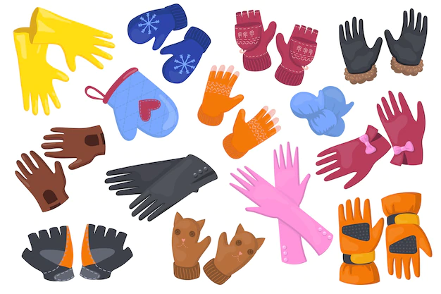 Free Vector | Different gloves flat illustration set. cartoon protective pair of mittens, mitts for hands  isolated vector illustration collection. winter accessories and design concept