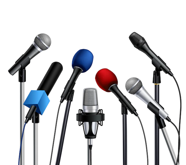 Free Vector | Different muiltcolored press conference microphones
