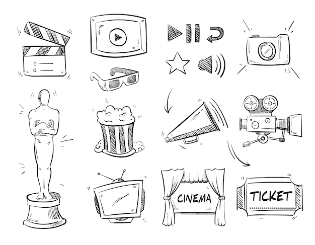 Free Vector | Doodle entertainment cinematography, movie film video, cinema icons.