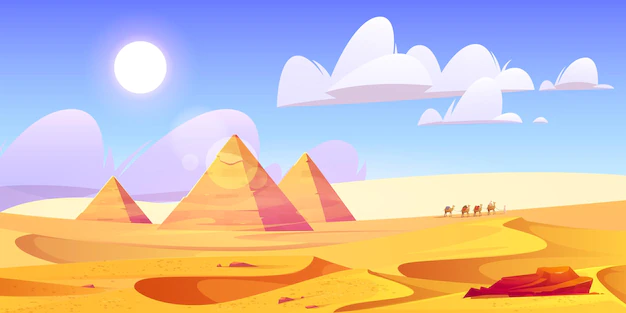Free Vector | Egypt desert landscape with pyramids and camels caravan
