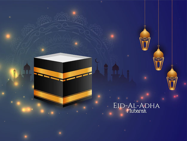 Free Vector | Eid al adha mubarak greeting glitters blue background design