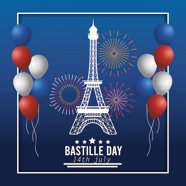 Free Vector | Eiffel tower with balloons and fireworks decoration