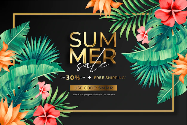 Free Vector | Elegant summer sale banner with tropical flowers and leaves