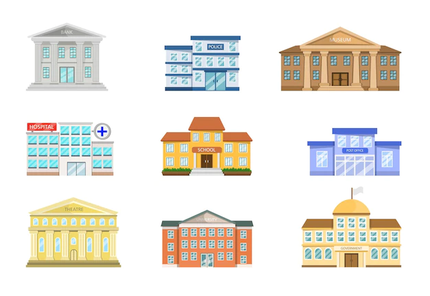 Free Vector | Exterior of museum, hospital, police station, post office, government, bank, school, theatre, university. city, town halls cartoon vector illustration set. house construction, building facade concept