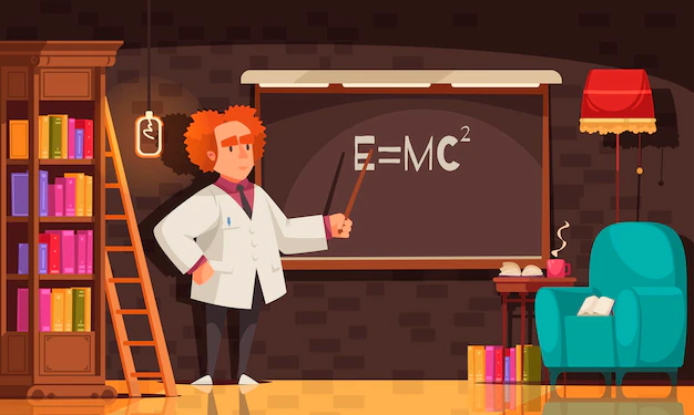 Free Vector | Famous scientist composition with view of man in vintage room with bookcase chair and blackboard